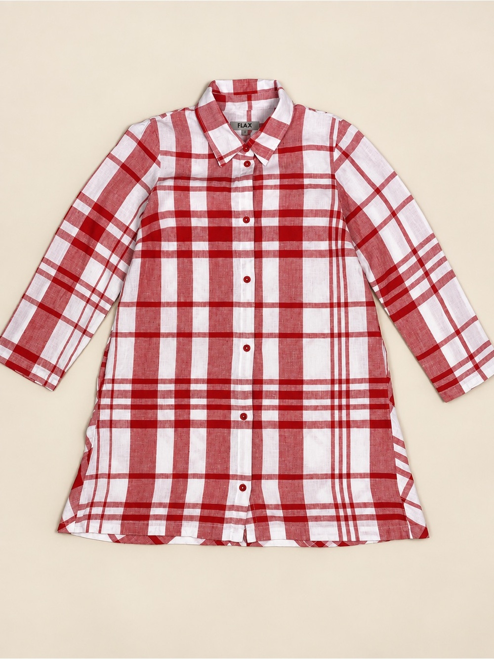 FLAX 100% Linen Red & White Plaid Button-Down Tunic/Jacket